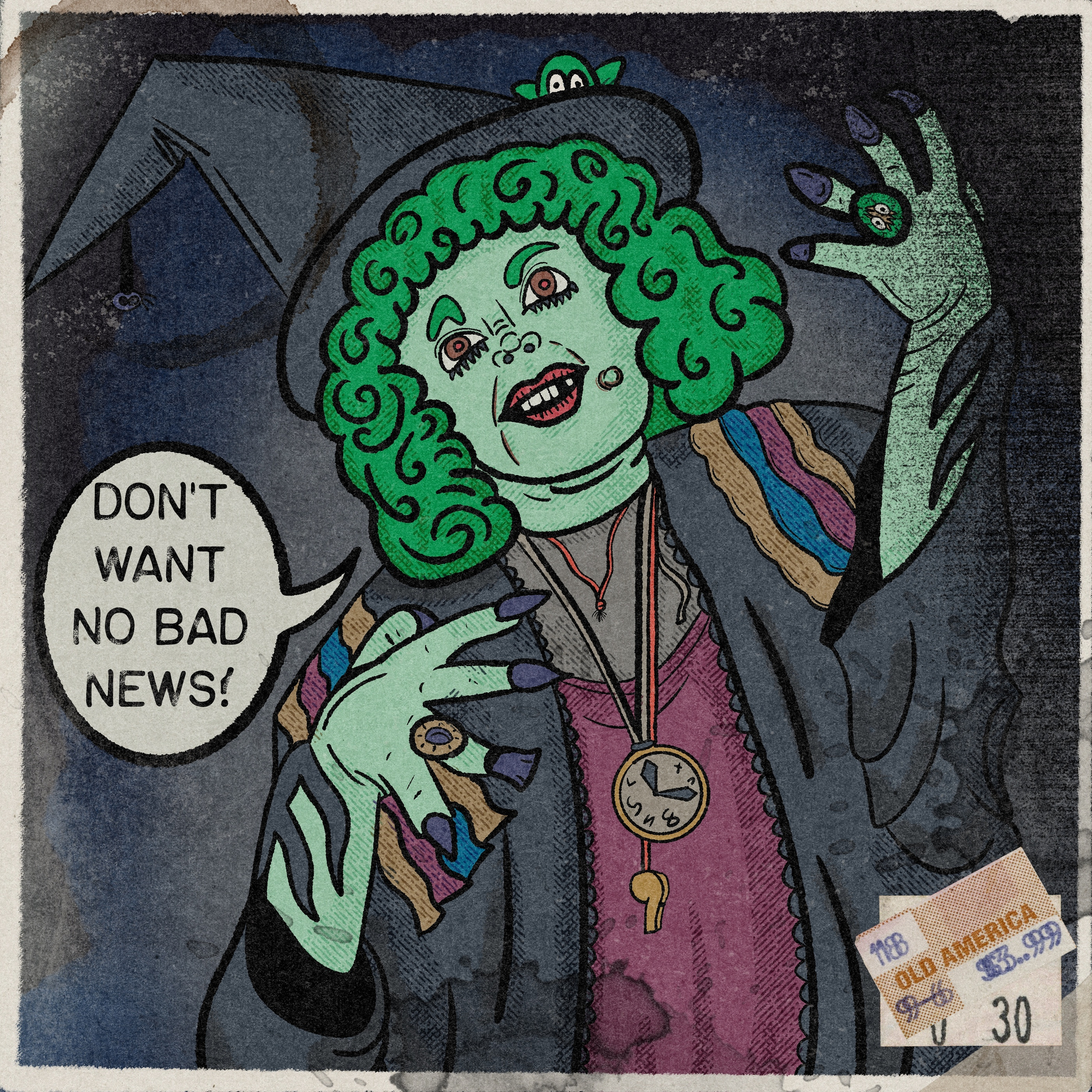 A green-skinned character in a magician's outfit, adorned with colorful hair and a medallion, exclaims Don't want no bad news! against a dark background.&10;